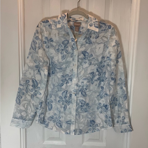 Chico's Tops - Chico’s Blue Floral Long Sleeve Semi Sheer Button Down Blouse Women’s Sz 0 (Sm)